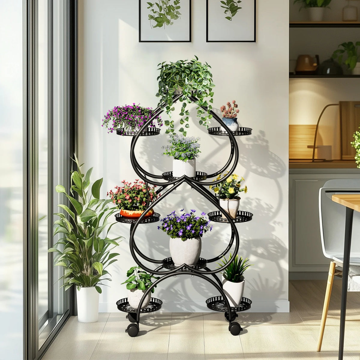 European 6 Tier Double-heart Plant Stand for In/Outdoor Black Iron Mobile Plants Display Holder for Living Room Balcony Garden