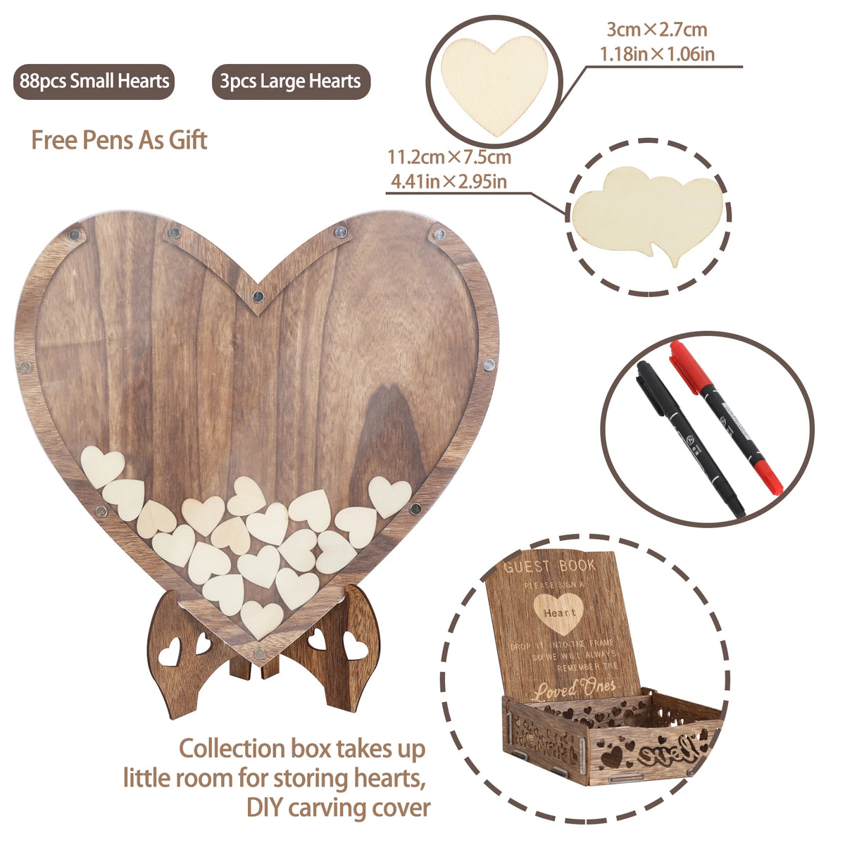 Wedding Guest Book Wooden 88pcs Heart-shaped Bracket Pastoral Wedding Storage Box Birthday Message Carving Carbonized Wood