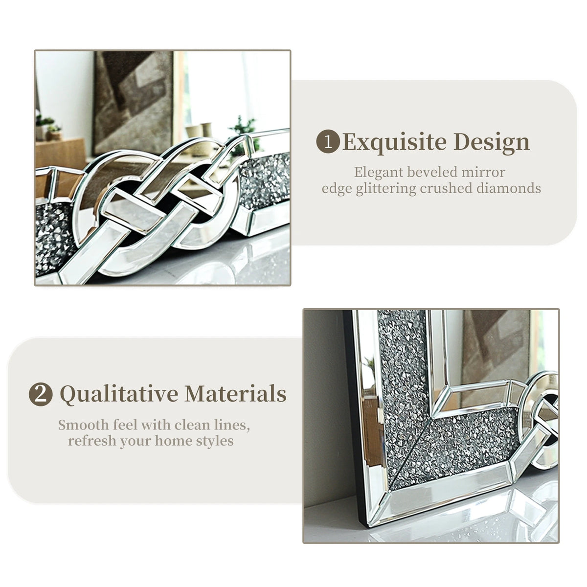 Crushed Diamond Wall Mirror Rectangular Glass Silver Vanity with Decorative Glam Bling Crystal Frame Edge