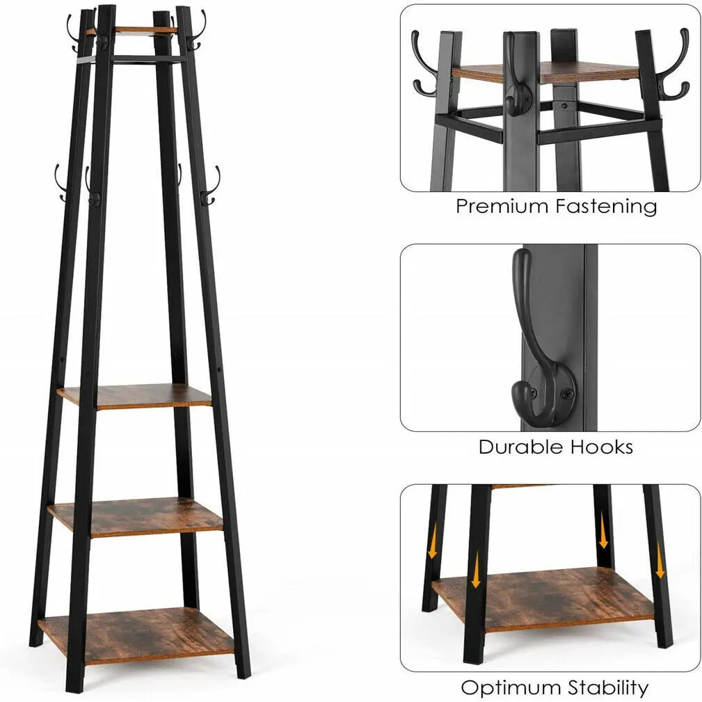 180CM Solid Iron Construction Coat Rack Holder Entryway Clothes Stand 4 Shelves Hall Trees 8 Hooks