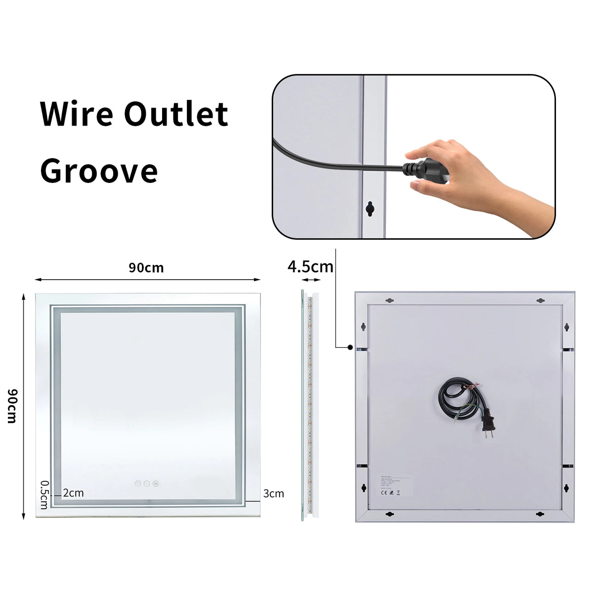 LED 900mm Square Backlit 3 Colours Dimmable Lighted Vanity Bathroom Mirror Home Decor Anti-fog Wall Mounted Makeup Mirror