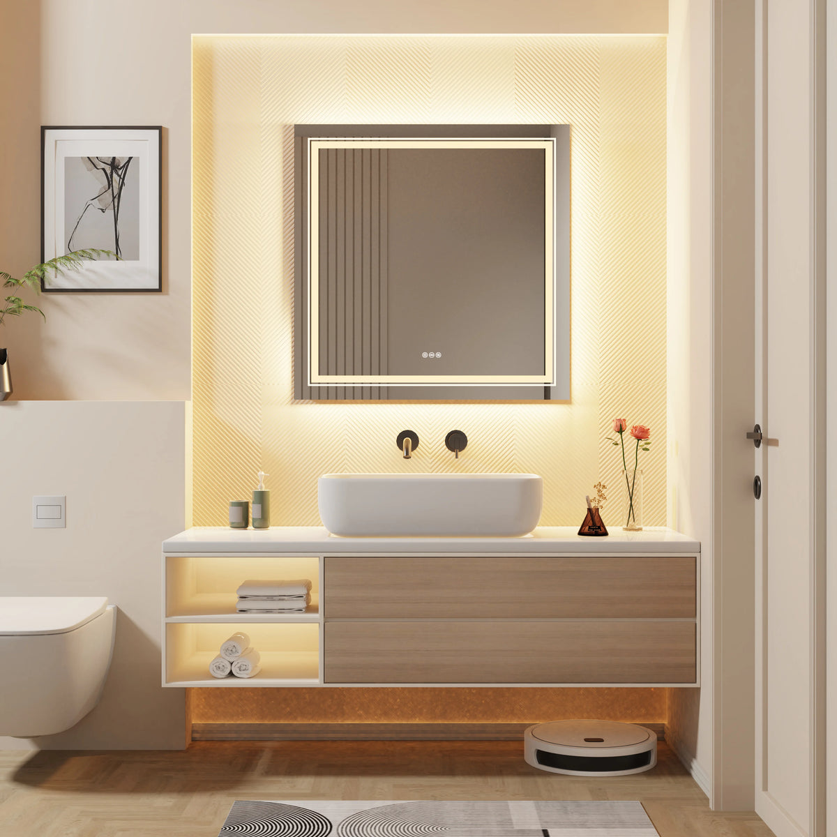 LED 900mm Square Backlit 3 Colours Dimmable Lighted Vanity Bathroom Mirror Home Decor Anti-fog Wall Mounted Makeup Mirror