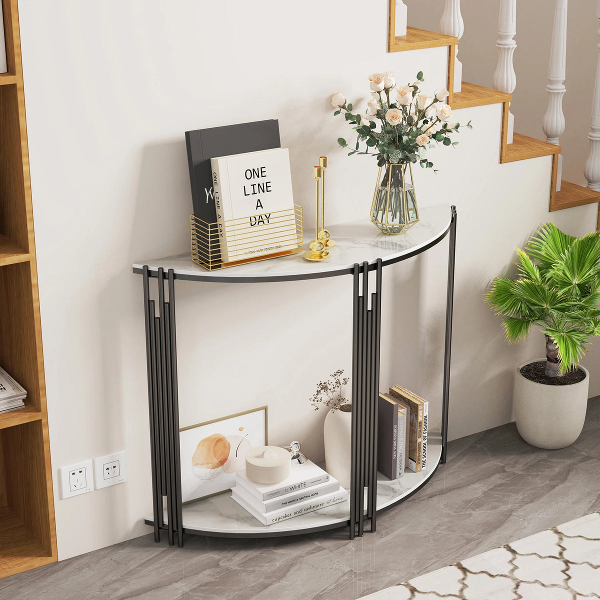 39.4W x 11.8D X 30.7H inch inch Half Moon Tiered Real Marble Entry Console Table Hallway Entryway Furniture for Entrance, Home Living Room