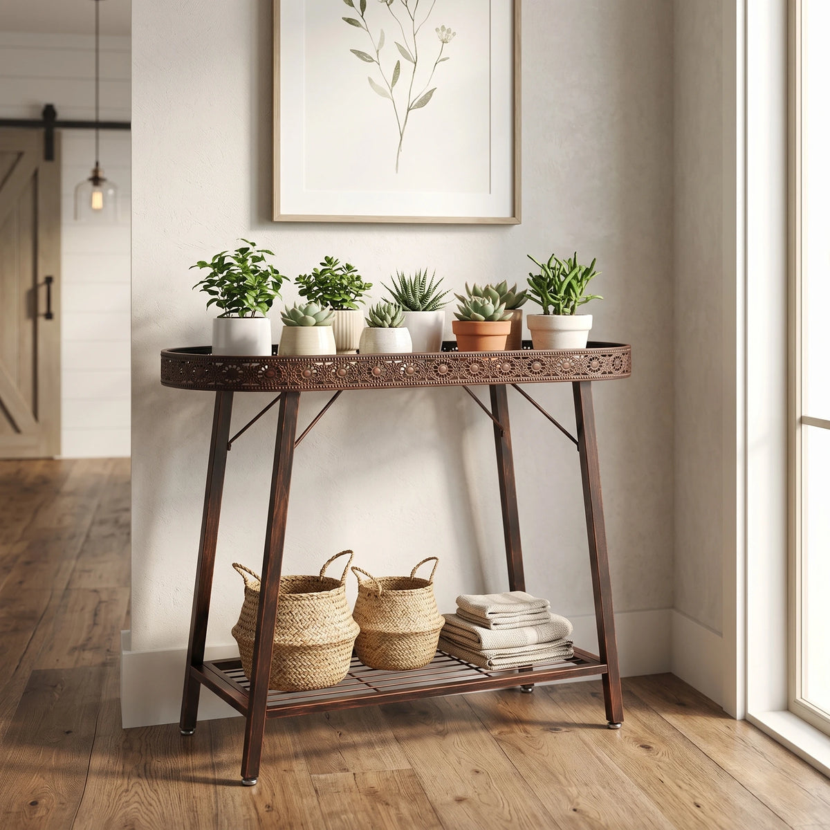 2-Tier Metal Plant Stand, 31.5 Inch Vintage Flower Pot Display Shelf with Distressed Bronze Finish and Adjustable Feet, 55 lbs per Tier, for Plant Lovers, Living Rooms and Covered Patios