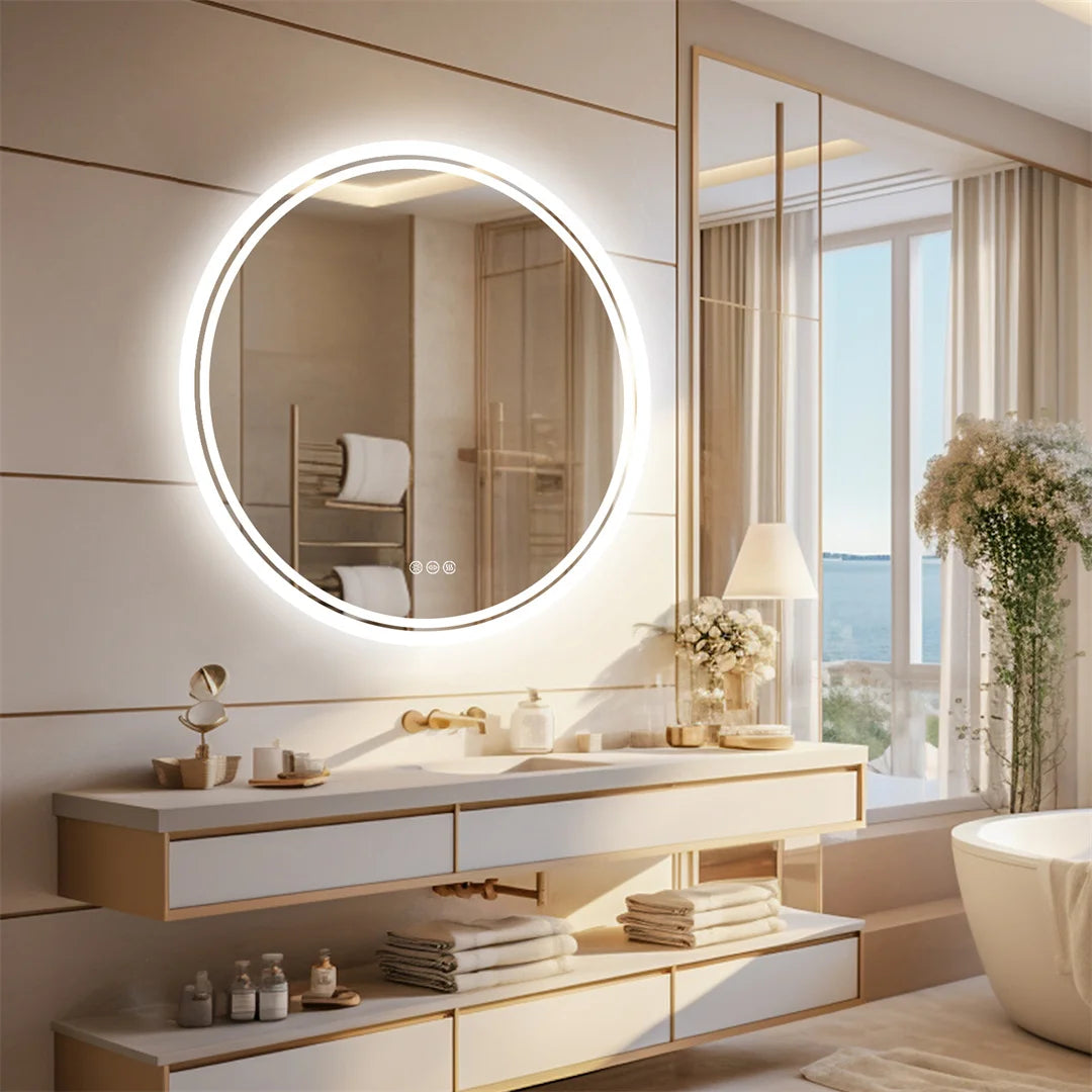 80cm Round Bathroom Mirror with Intelligent Illuminate Touch Screen Dimmable Anti-Fog LED Light for Bathroom