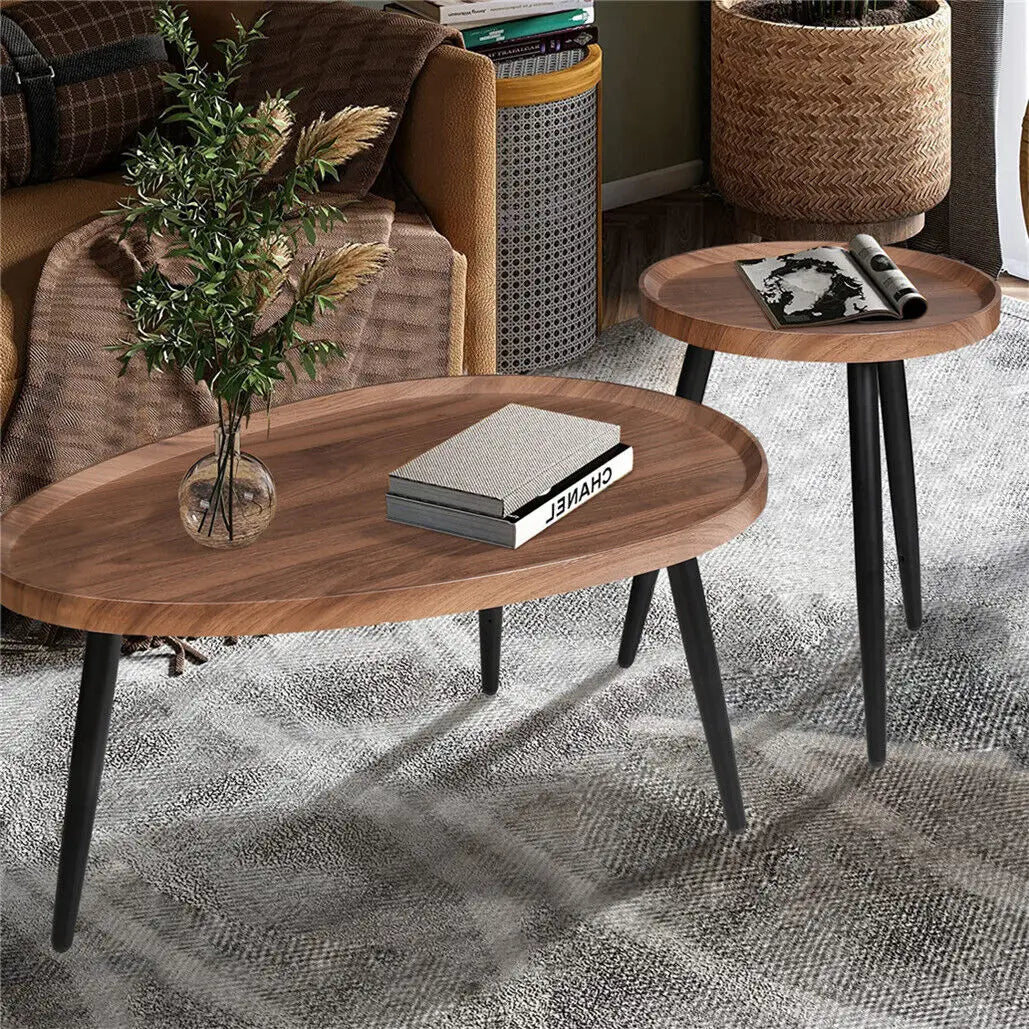 Irregular Drop-Shaped Coffee Table Set 2-in-1 Solid Wooden Sofa Side End Table with Triangle Legs for Living Room