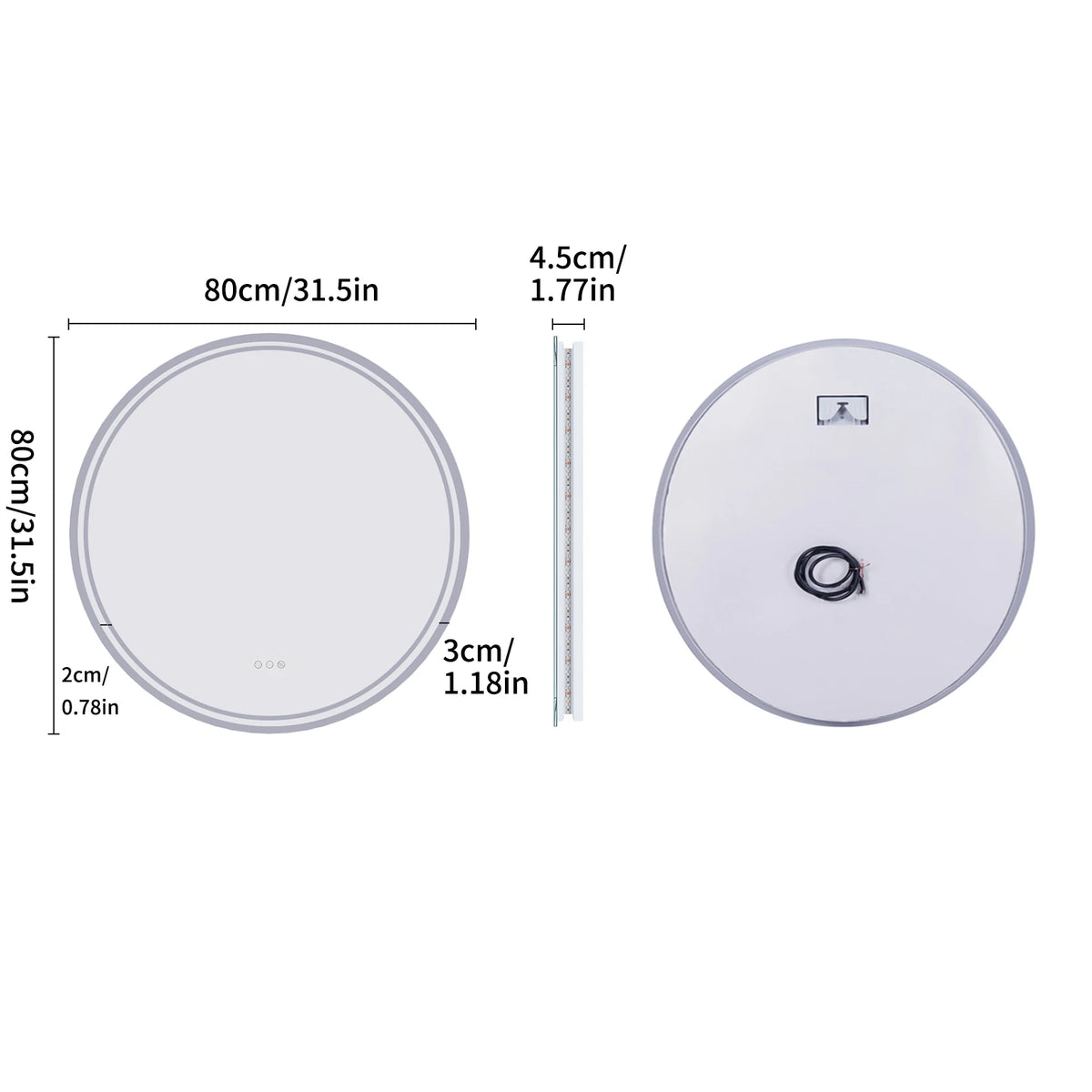 80cm Round Bathroom Mirror with Intelligent Illuminate Touch Screen Dimmable Anti-Fog LED Light for Bathroom