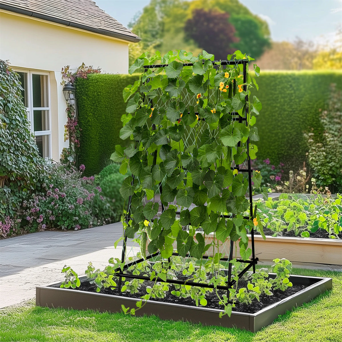 Metal A-Shaped Garden Arch Trellis for Climbing Plants Vegetable Cucumber Support Frame with Nylon Netting, Four Ground Spikes
