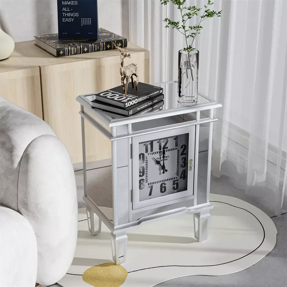 Mirrored End Table with Clock, Modern Sofa Side Table with Storage Door, Nightstand for Bedroom, Living Room and Home Decor