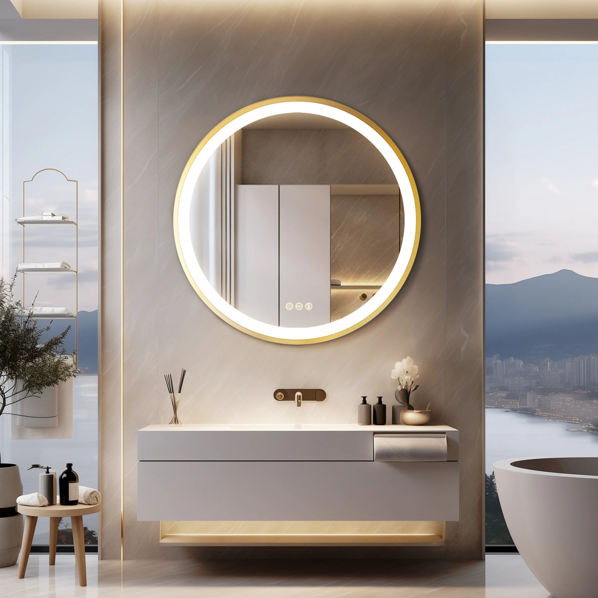 Gold Round Aluminum Frame Bathroom Mirror 24" Lighted Smart Touch Switch 3 Color Dimmable light Anti-Fog Makeup Mirror