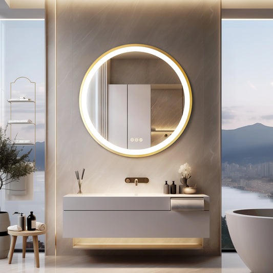 Gold Round Aluminum Frame Bathroom Mirror 24" Lighted Smart Touch Switch 3 Color Dimmable light Anti-Fog Makeup Mirror