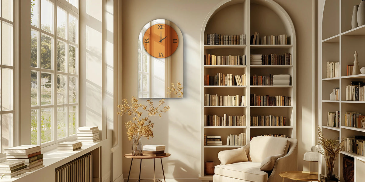 Wall Decorative Mirrors Arched Brown Tinted Glass Wall Mounted Clock for Home,Hotel,Living Room,Dining Room,Bedroom Walls