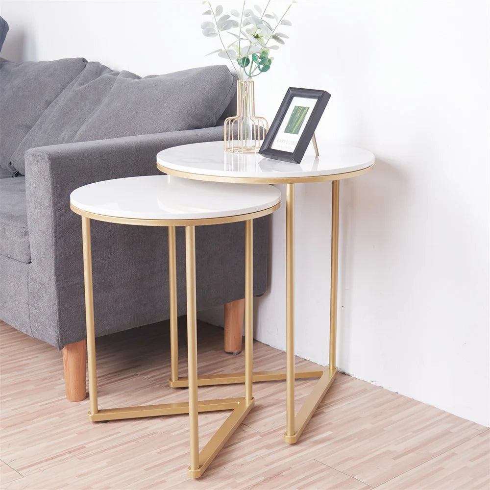 Set of 2 Modern Round Marble Metal Base Nesting Set Side Accent Table Living Room Storage Small End Table, Coffee Table, Marble and Gold