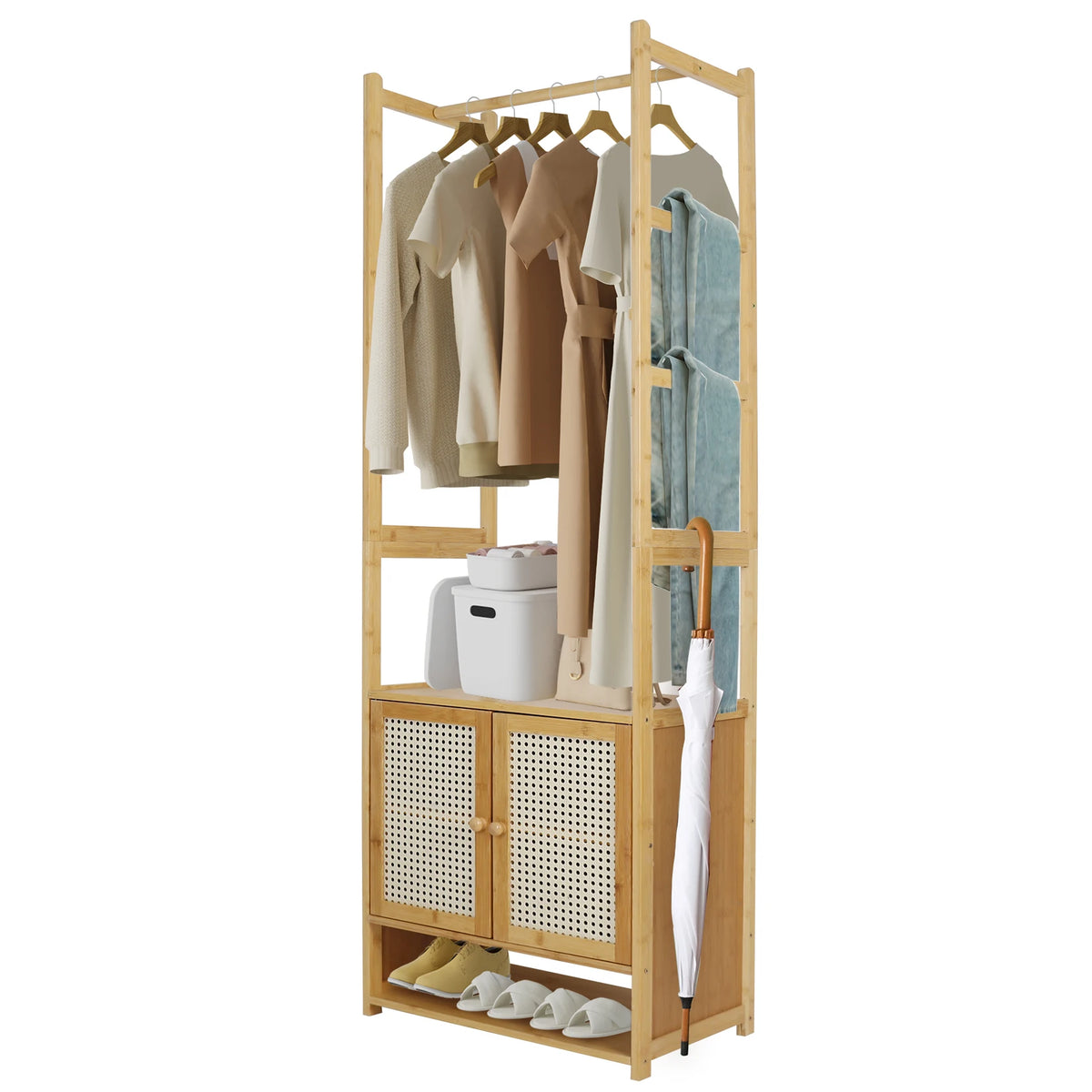 Clothing Stand Multifunctional Bamboo Clothes Rack Tall Closet Organizer Cabinet for Hanging Clothes and Storing Accessories