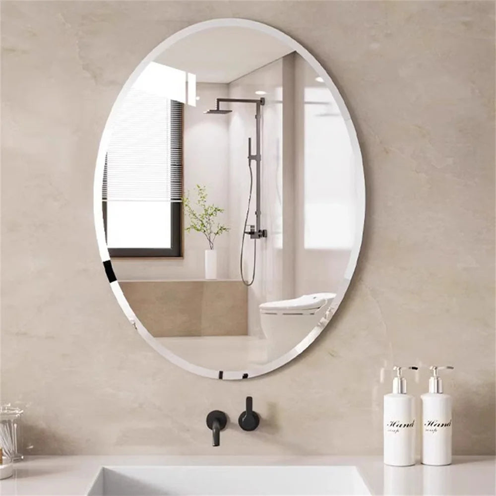 Frameless Oval Wall Mirror Silver Beveled Edge Bathroom Vanity Mirror for Modern Home Decor, Fireplaces