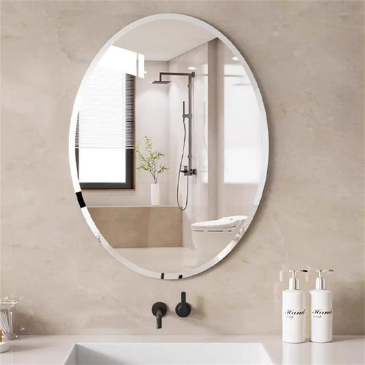Frameless Oval Wall Mirror Silver Beveled Edge Bathroom Vanity Mirror for Modern Home Decor, Fireplaces