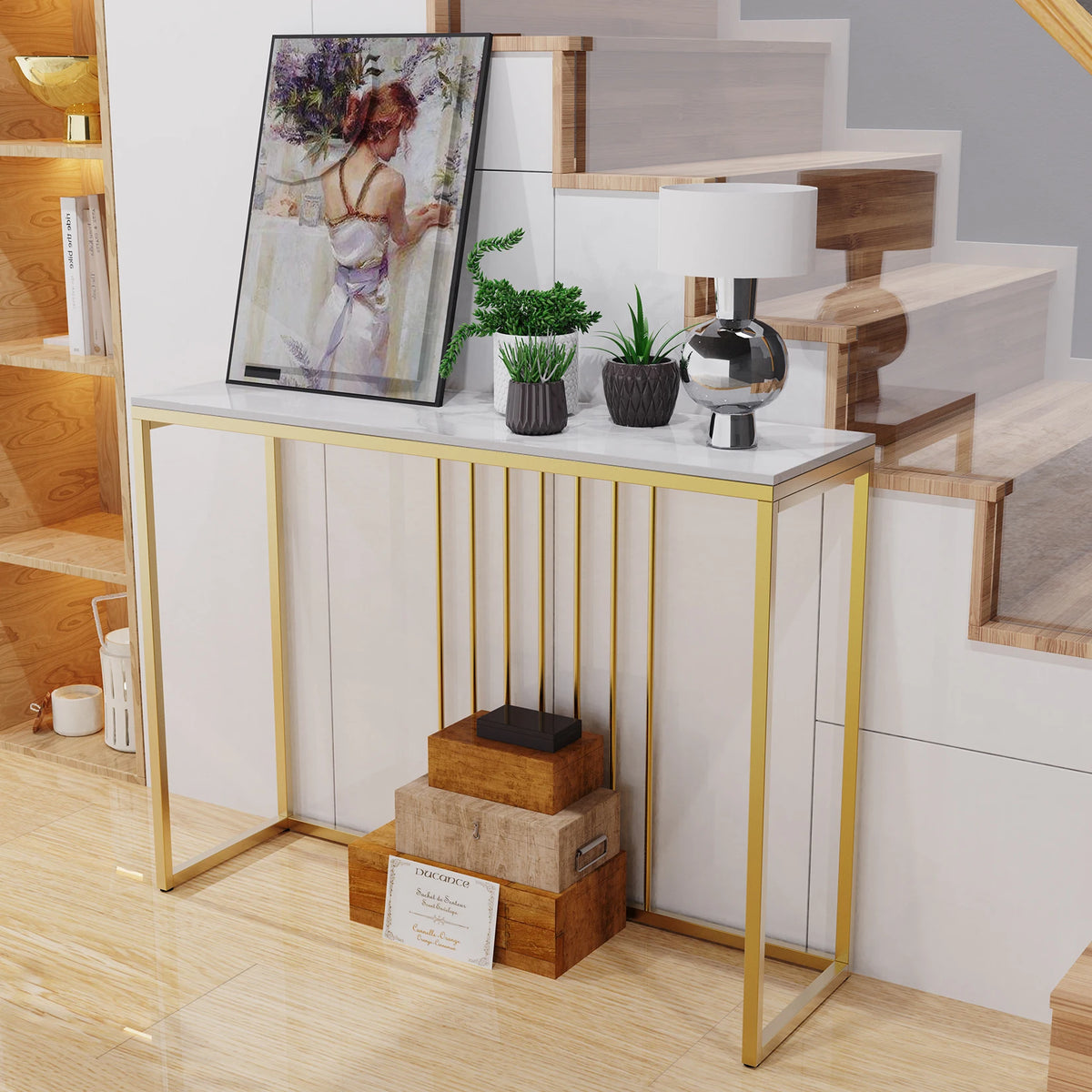 39.4x11.8x30.9inch Modern Accent Console Marble Table Gold Metal Frame Storage Display Shelf Narrow Table for Hallway Entryway Living Room Entrance