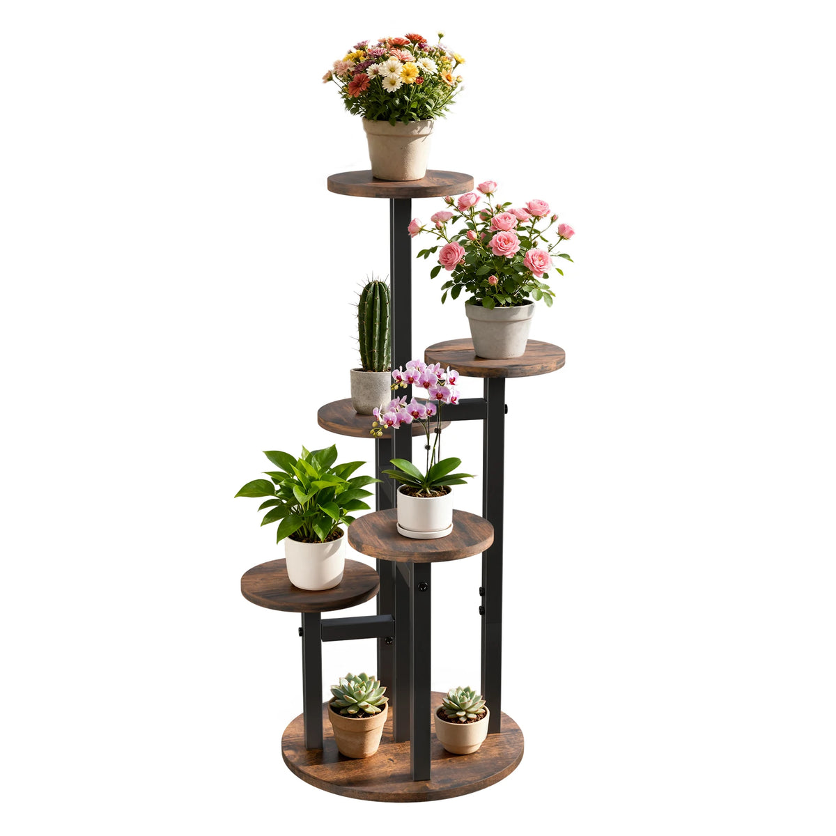 5-Tier Vertical Plant Stand, Space-Saving Flower Pot Display Shelf with Staggered Round Wood-Effect Shelves and Black Metal Frame