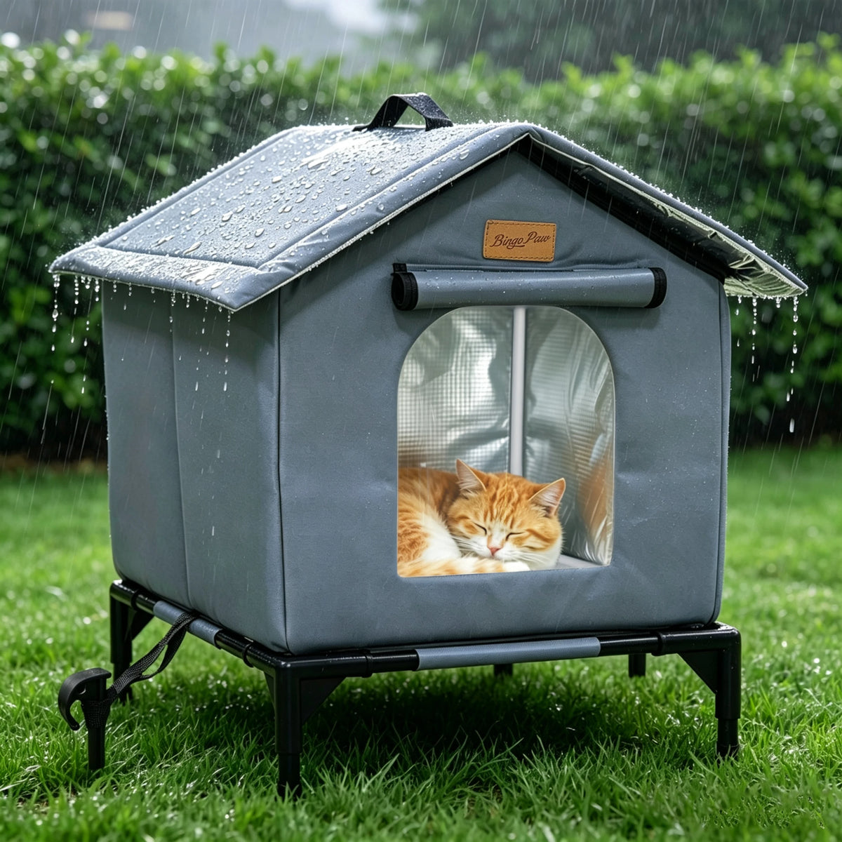 Elevated Outdoor Cat House Weatherproof, Insulated Feral Cat Shelter for Outside Winter with 3-Layer Aluminum Foil Thermal Liner, 600D Waterproof Oxford Pet Tent Bed with Legs & Ground Stakes for Stray Cats (45x42x55