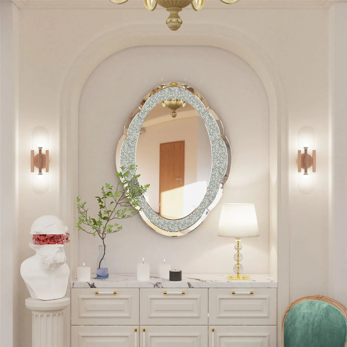 24"x32" Silver Wall Mirror Crush Diamond Elegant Artistic Cloud-shape 5mm Thick Wall Mirror for Hallway Bathroom Bedroom