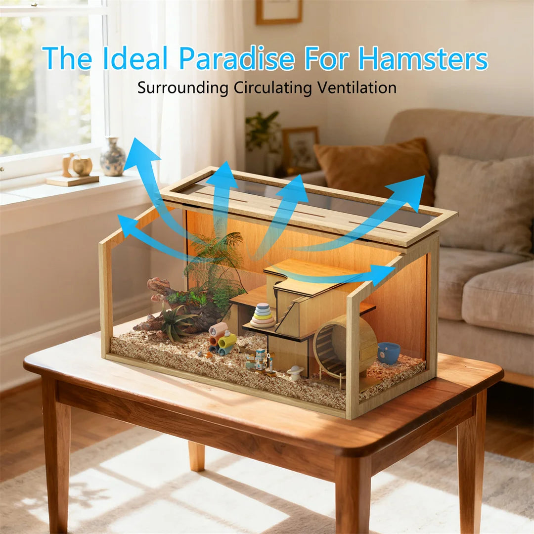 Large Natural Wooden Hamster Cage, Indoor Small Animal Habitat with Glass Panels & LED Light, Chew-Proof Enclosure for Hamsters Gerbils