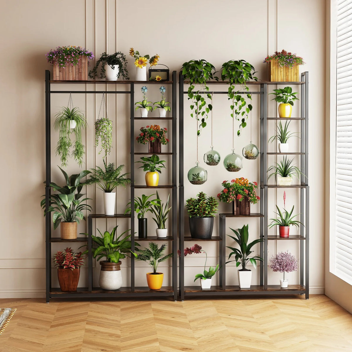 180CM Tall Indoor Plant Stand with Shelves and Hanging Rod Industrial Flower Stand Clothes Rack for Garden, Balcony, Living Room