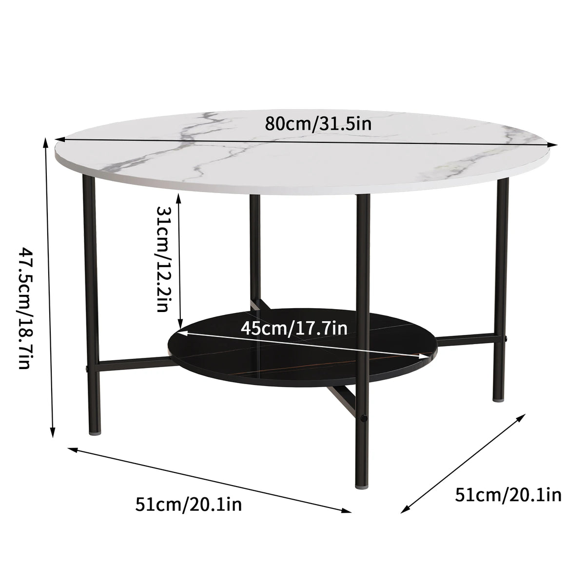 31.5Wx20.1Dx18.7H inch Round Marble Coffee Table, 2 Tier, Sofa Side End Table, Nightstand, Open Storage, Living Room Decor, Center Table, 32"