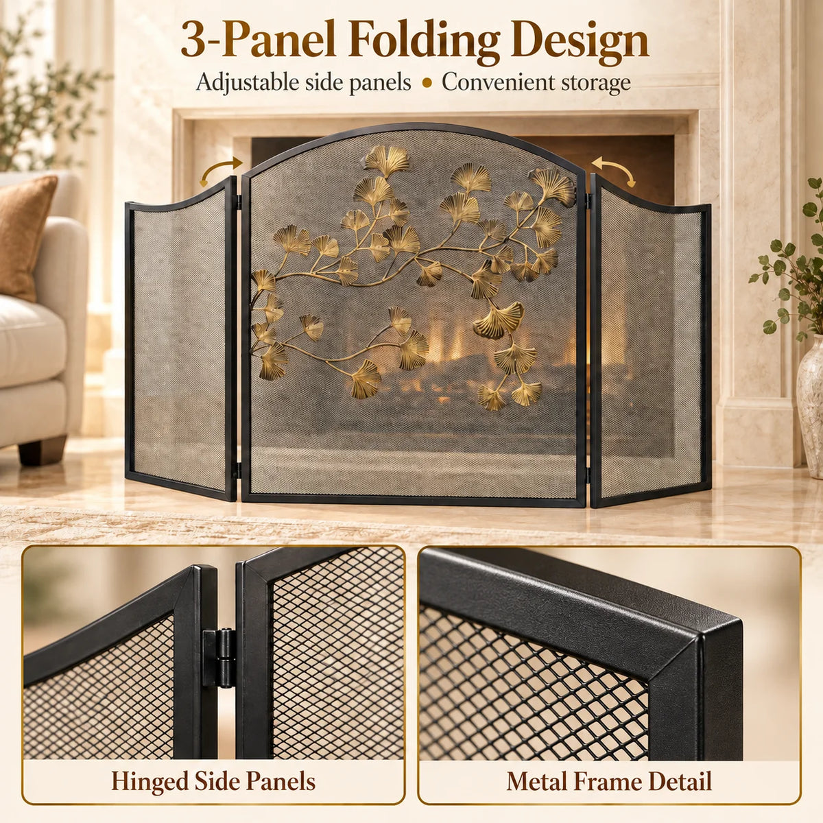 3 Panel Folding Fireplace Screen, Black Iron Mesh Spark Guard with Antique Bronze Ginkgo Leaves, Freestanding, No Assembly Required