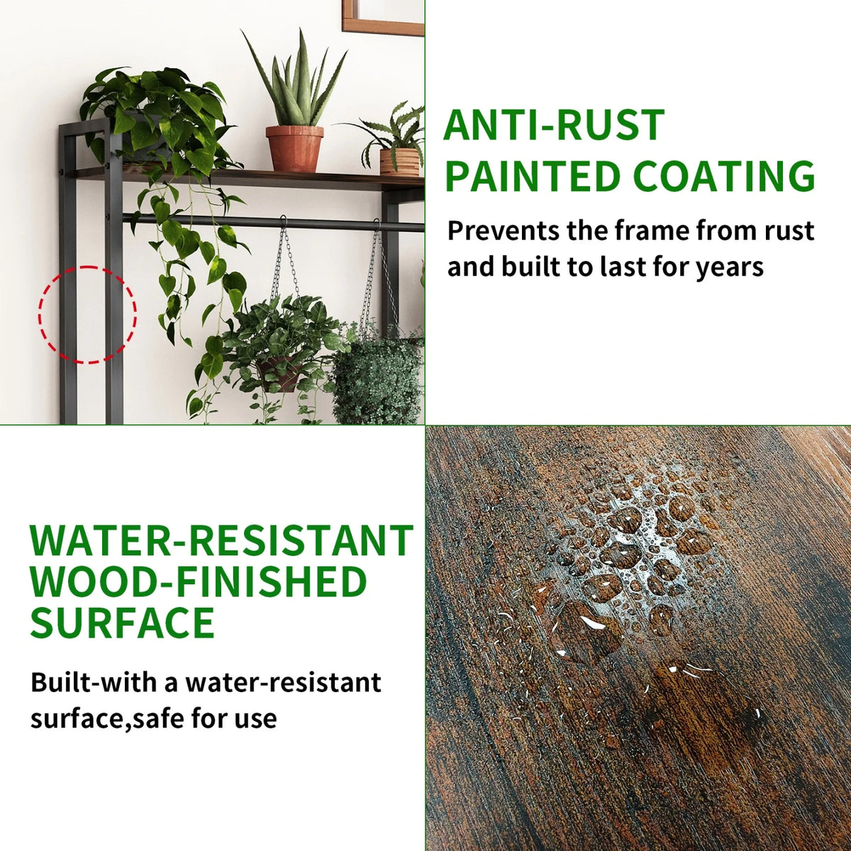 180CM Tall Indoor Plant Stand with Shelves and Hanging Rod Industrial Flower Stand Clothes Rack for Garden, Balcony, Living Room
