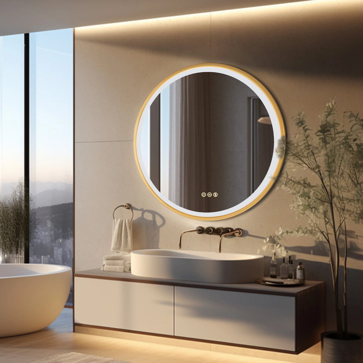 Gold Round Aluminum Frame Bathroom Mirror 24" Lighted Smart Touch Switch 3 Color Dimmable light Anti-Fog Makeup Mirror