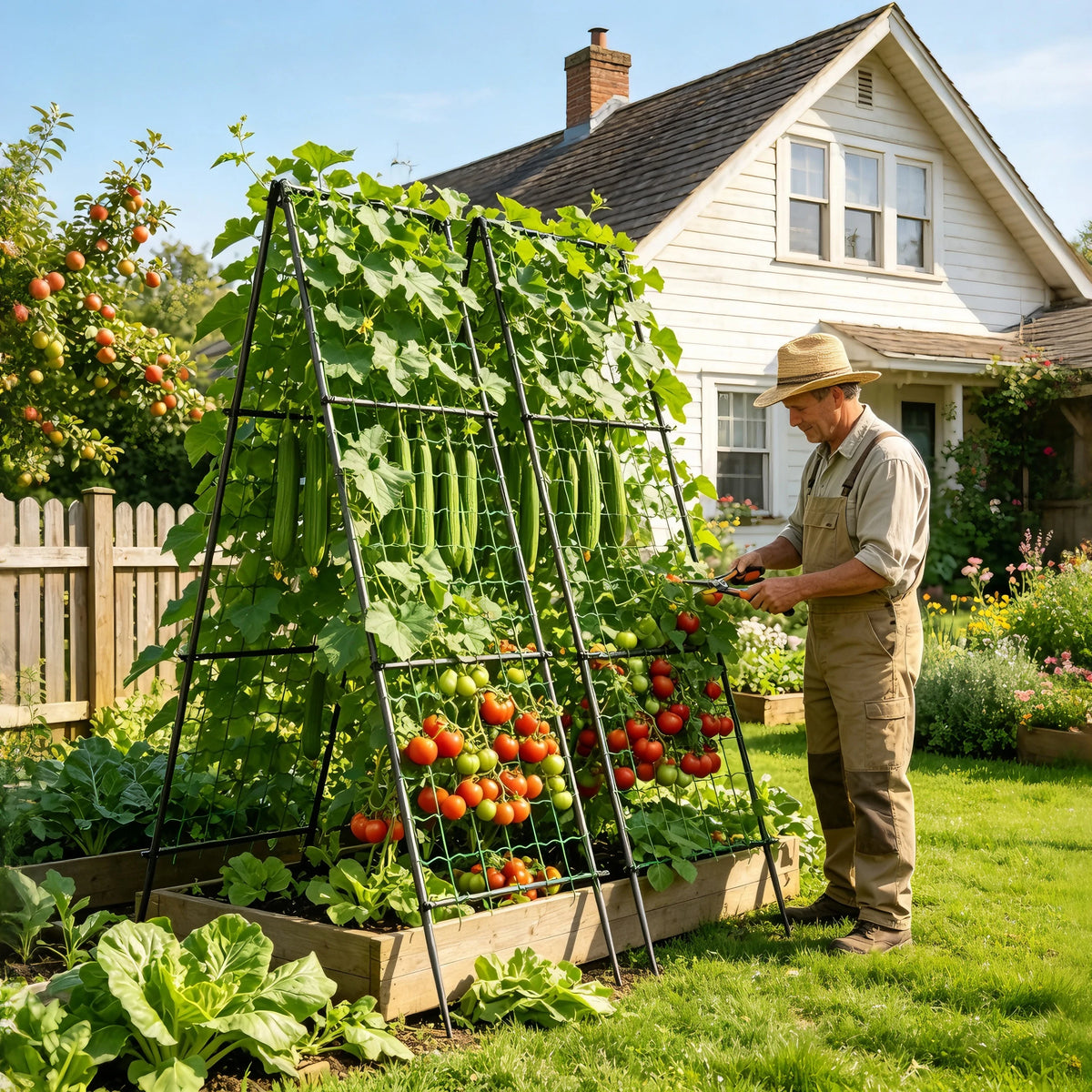2 Pack A-Frame Garden Trellis for Climbing Plants - 2.1m Outdoor Metal Cucumber Trellis Support Frame for Raised Beds with Nylon Netting, Anti-Rust Powder Coated Vegetable Plant Tower (71x112x210cm)