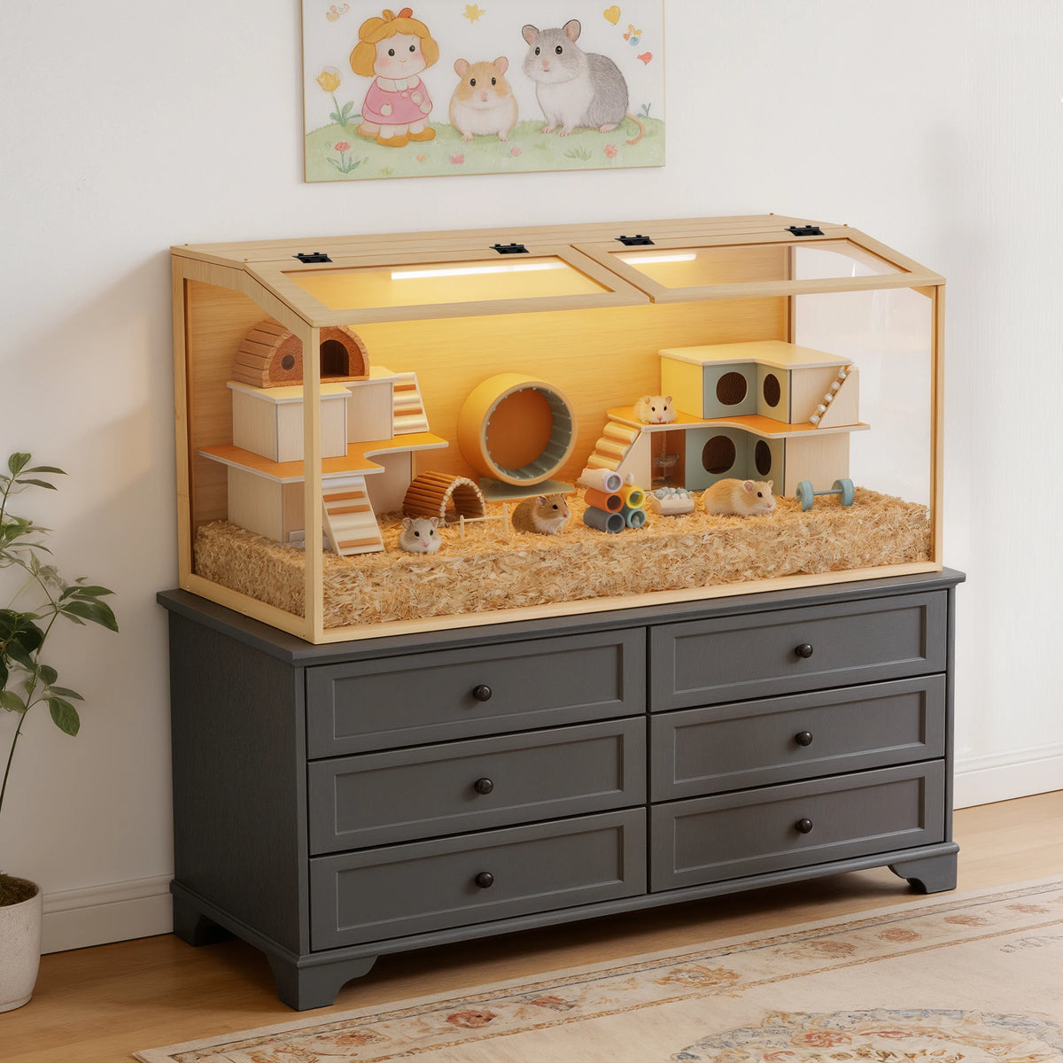 Large Natural Wooden Hamster Cage, Indoor Small Animal Habitat with Glass Panels & LED Light, Chew-Proof Enclosure for Hamsters Gerbils