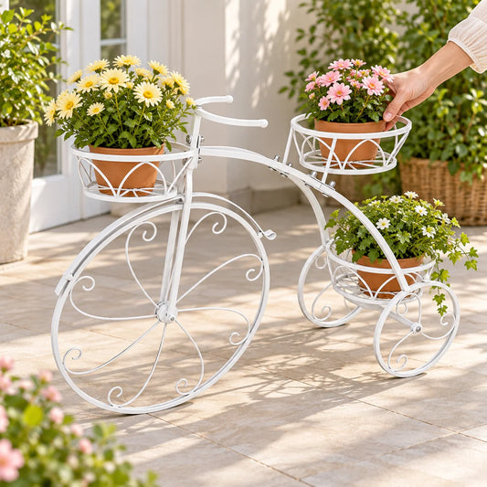 Metal Tricycle Plant Stand, Vintage White Bicycle Flower Cart Holder with 3 Tier Baskets, Decorative Garden Display Rack Shelf for Indoor Outdoor Patio Balcony Planters, 31"