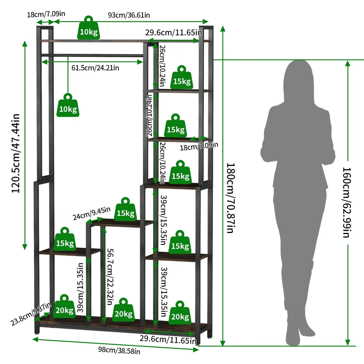 180CM Tall Indoor Plant Stand with Shelves and Hanging Rod Industrial Flower Stand Clothes Rack for Garden, Balcony, Living Room