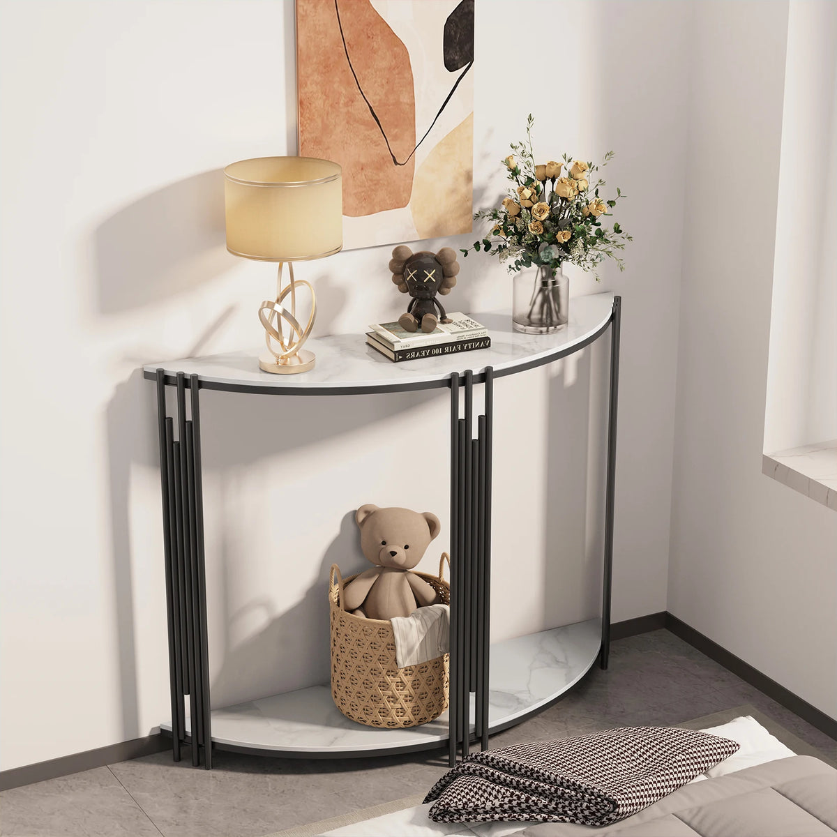 39.4W x 11.8D X 30.7H inch inch Half Moon Tiered Real Marble Entry Console Table Hallway Entryway Furniture for Entrance, Home Living Room