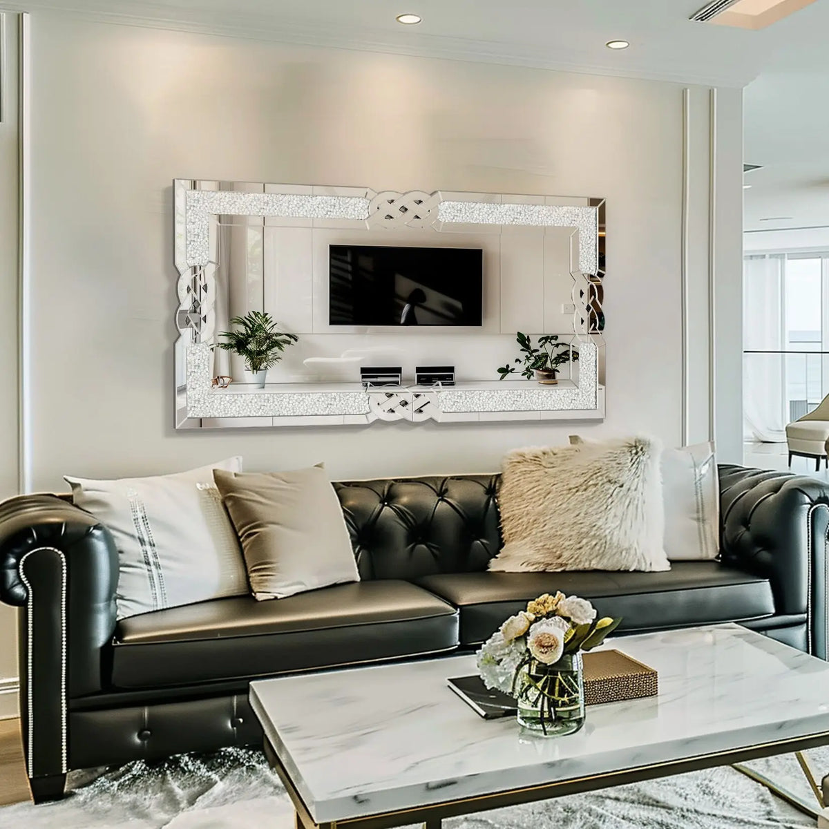 Large Crushed Diamond Wall Mirror Rectangular Glass Silver Inlay Edge, Glam Style for Living Room, Bedroom, Home Hallway