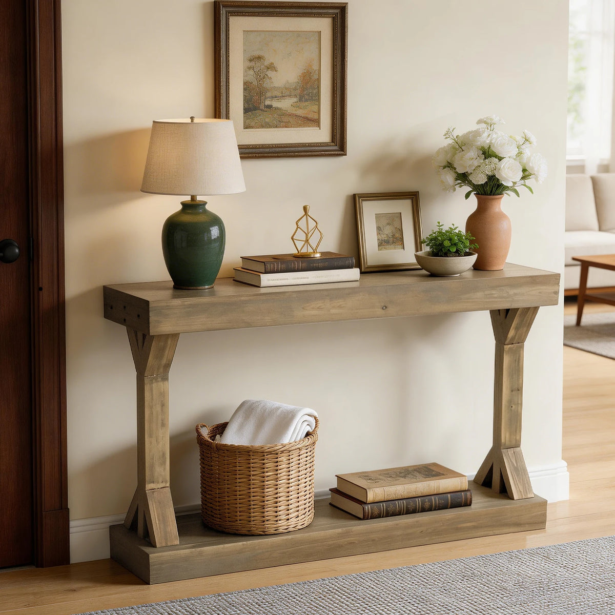 Wooden Console Table: 120cm Farmhouse Entryway Table with Shelf, Solid Fur Wood Rustic Sofa Storage Table Behind Couch for Living Rooms, Foyers, Hallways