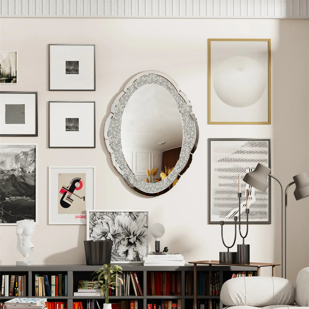 24"x32" Silver Wall Mirror Crush Diamond Elegant Artistic Cloud-shape 5mm Thick Wall Mirror for Hallway Bathroom Bedroom