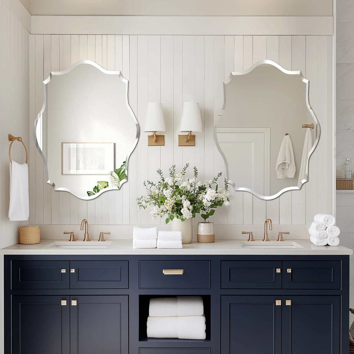 Wall Mirror Scalloped Frameless Beveled Edge Polished for Bathroom, Living Room, Vanity, Bedroom, Slive Mirror