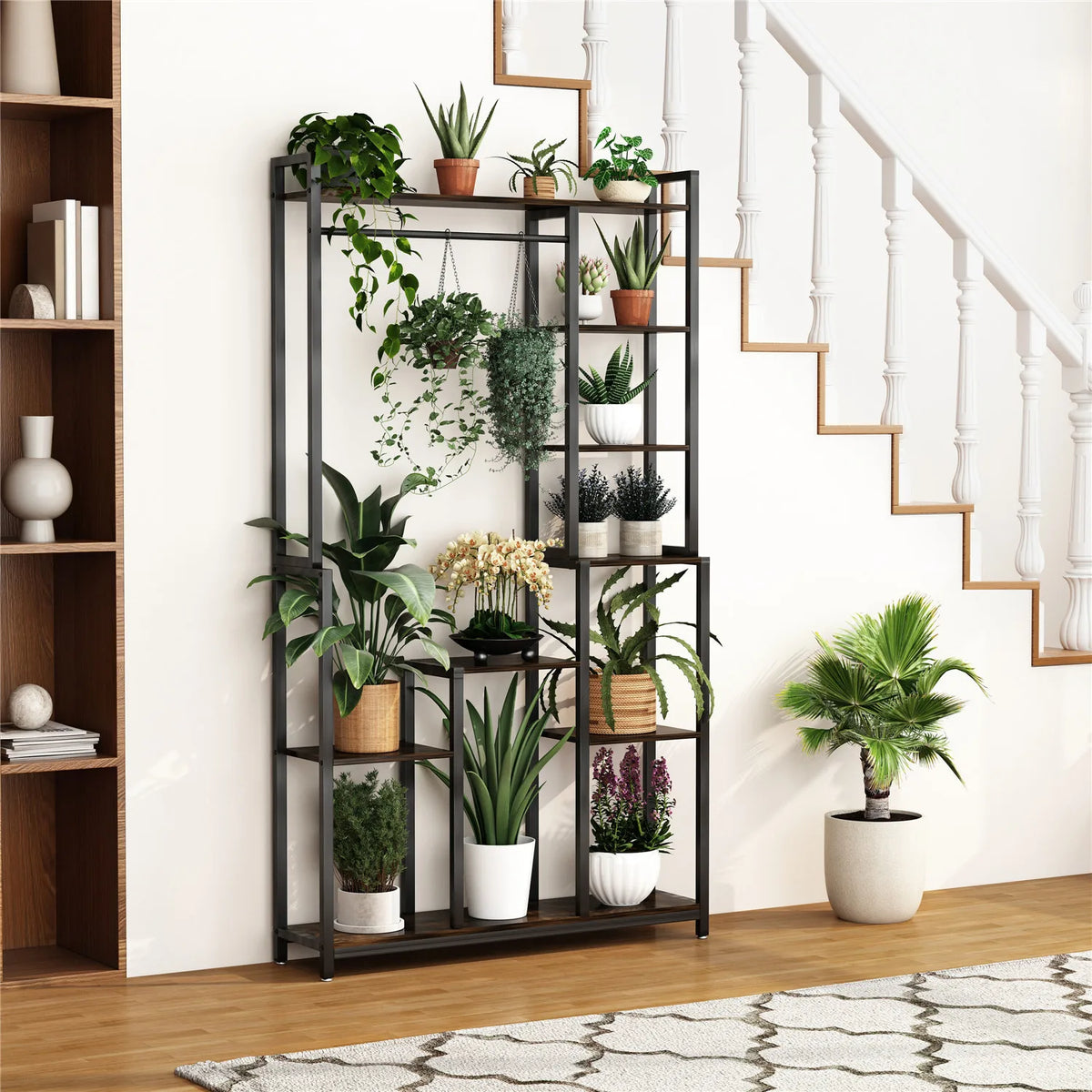 Vintage Indoor Plant Stand Industrial Coat Shelf Vertical Display Unit Rustic Storage Cabinet Clothes Stand with Hanging Rod