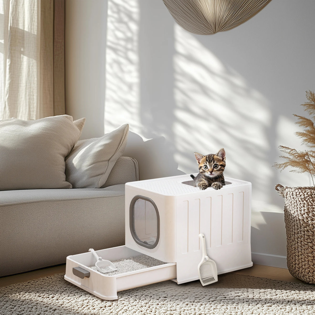 XL Cat Litter Box with Lid Enclosed Cat Potty Top Entry Anti-Splashing Cat Toilet Easy to Clean with Cat Litter Scoop
