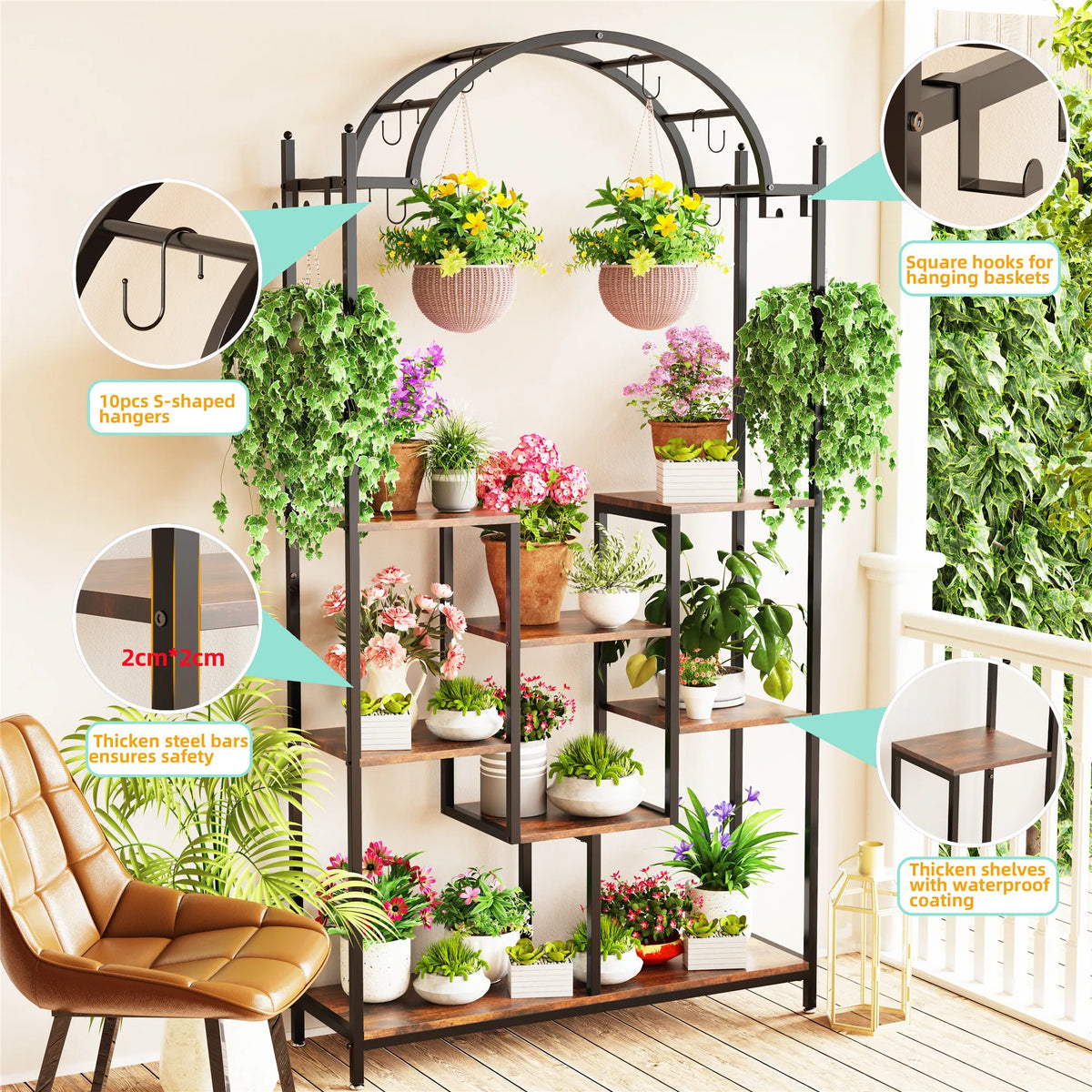 39.37Wx11.81Dx74.8H inch 5-Tier Tall Indoor Plant Stand, 74.8'' Arched Metal Flower Shelf with Hanging Hooks, Large Bonsai Pots Display Rack for Garden