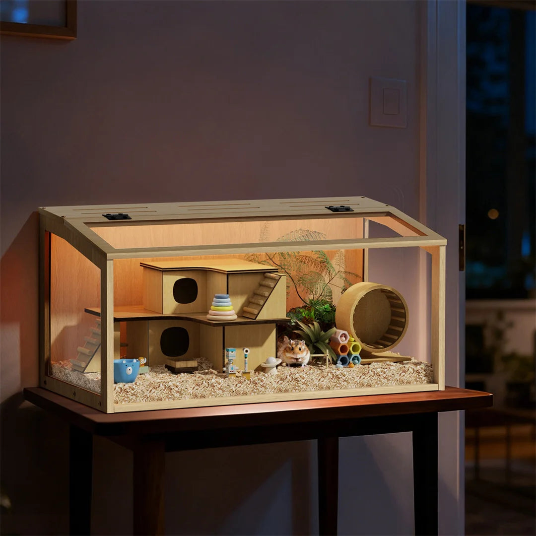 Large Natural Wooden Hamster Cage, Indoor Small Animal Habitat with Glass Panels & LED Light, Chew-Proof Enclosure for Hamsters Gerbils