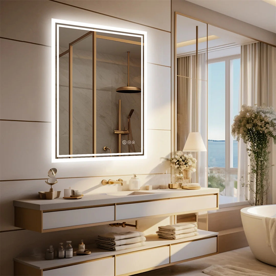 LED Bathroom Mirror, Frameless Backlit Vanity Mirror, Dimmable 3-Color Light, Anti-Fog, Touch Sensor