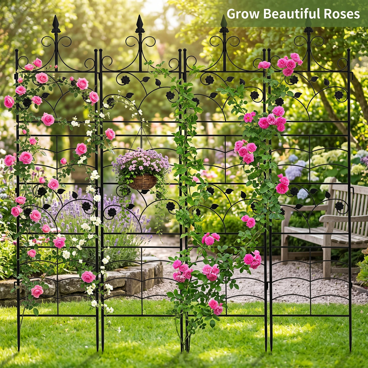 4-Pack Metal Garden Trellis for Climbing Plants, 84.6" Tall Black Iron Plant Support Panels with Decorative Scrollwork and Ground Stakes for Roses, Clematis and Vines