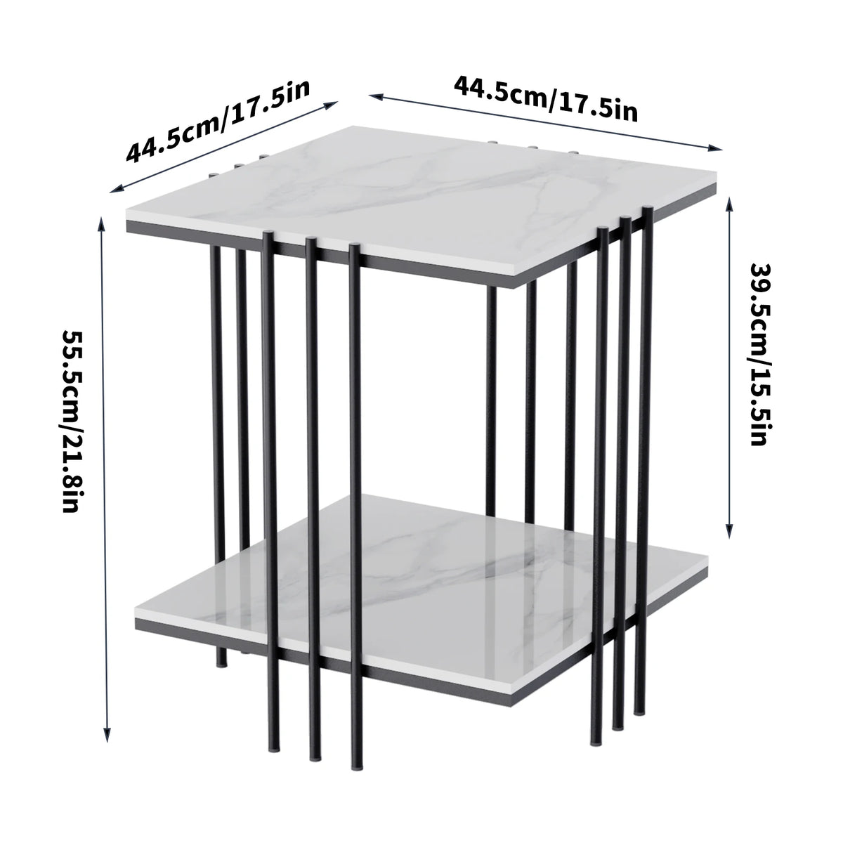 2-Tier Marble Sofa Side Table Coffee Table Modern Square Black Metal Frame for Living Room Accent