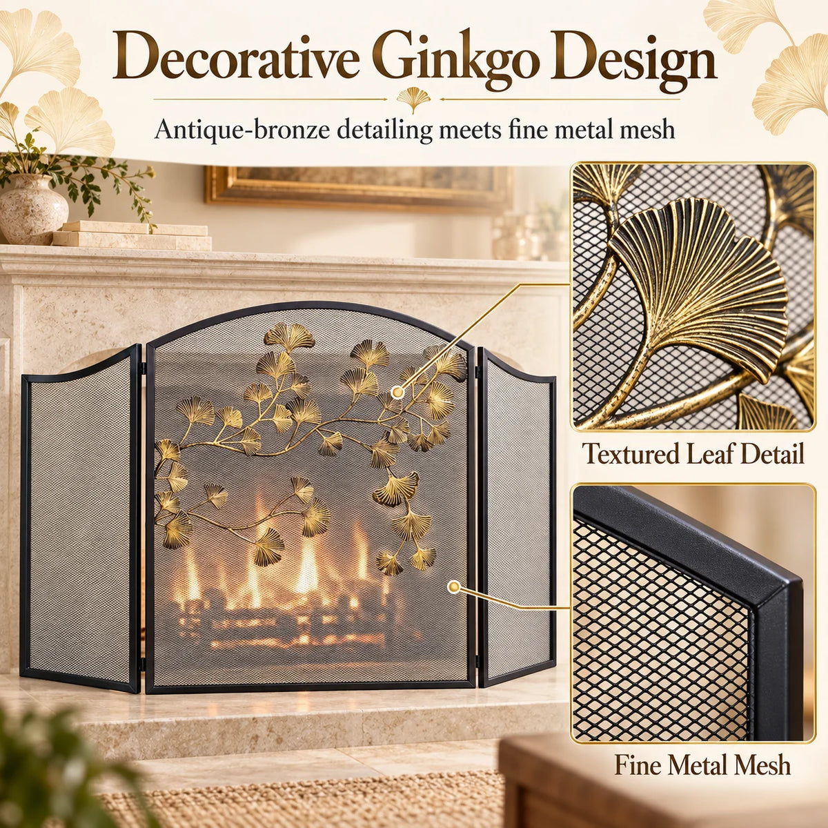 3 Panel Folding Fireplace Screen, Black Iron Mesh Spark Guard with Antique Bronze Ginkgo Leaves, Freestanding, No Assembly Required
