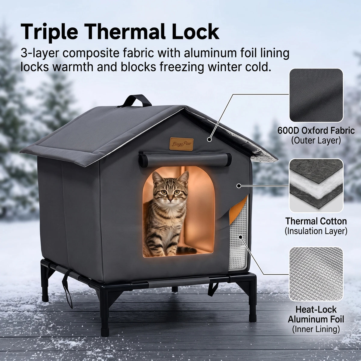 Elevated Outdoor Cat House Weatherproof, Insulated Feral Cat Shelter for Outside Winter with 3-Layer Aluminum Foil Thermal Liner, 600D Waterproof Oxford Pet Tent Bed with Legs & Ground Stakes for Stray Cats (45x42x55