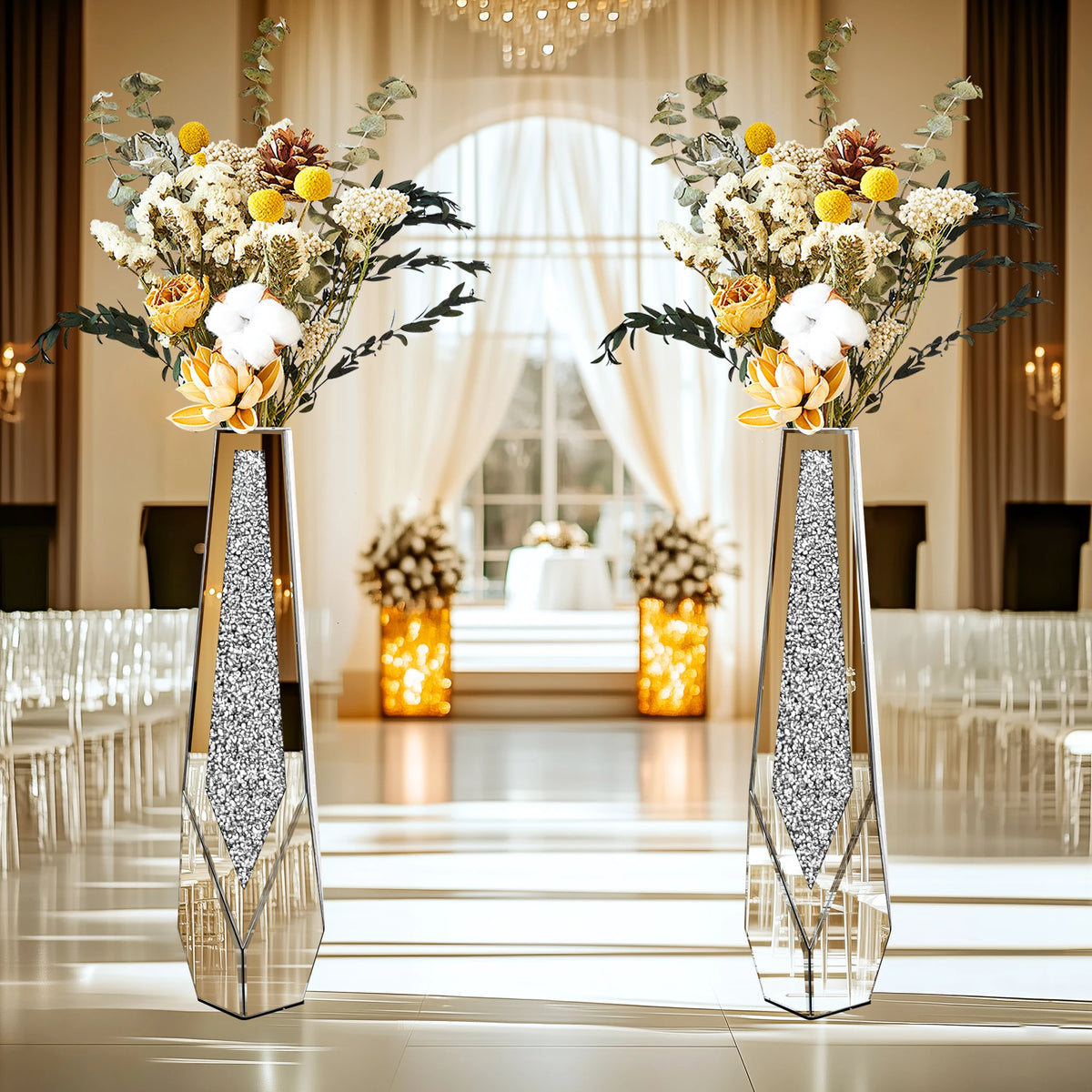 Tall Floor Mirror Vase, Large Crushed Diamond Glass Vase for Home Decor Modern Crystal Centerpiece for Living Room Wedding Hotel