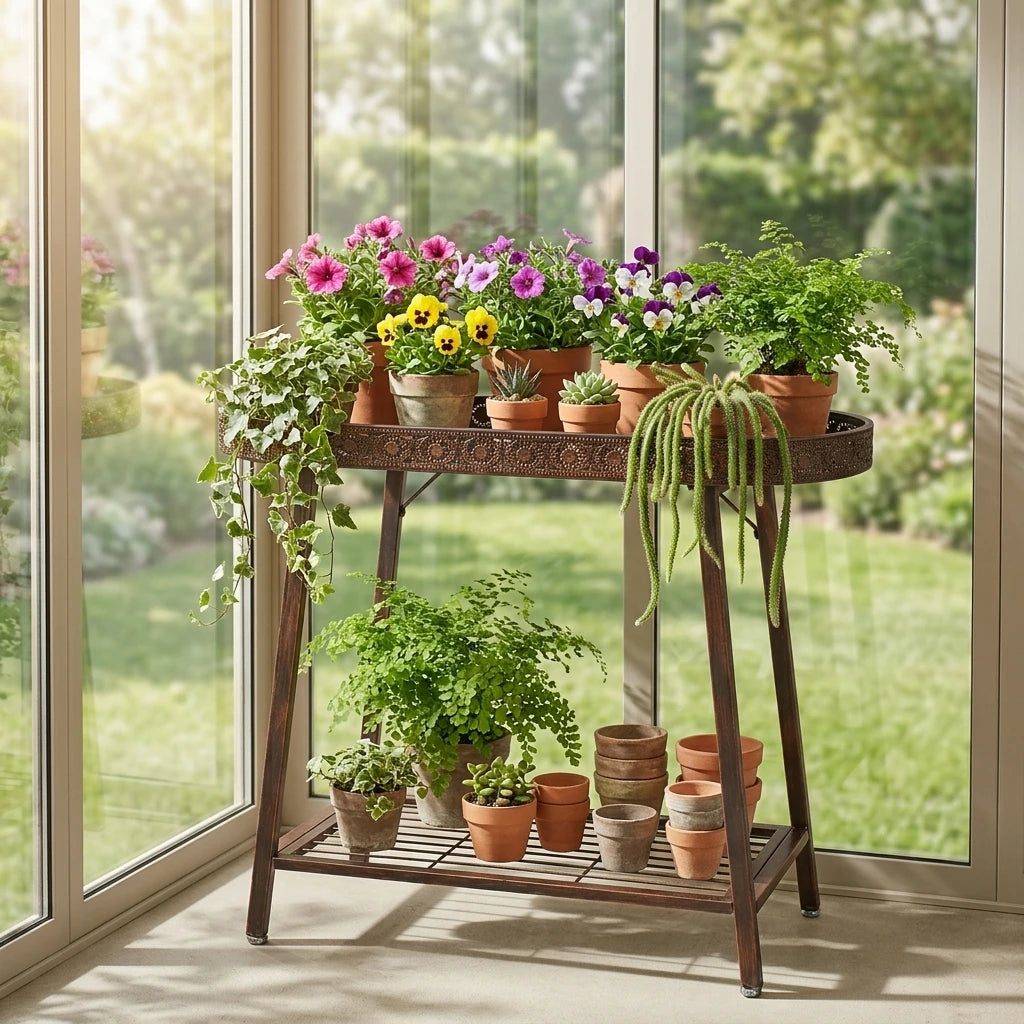 2-Tier Metal Plant Stand, 31.5 Inch Vintage Flower Pot Display Shelf with Distressed Bronze Finish and Adjustable Feet, 55 lbs per Tier, for Plant Lovers, Living Rooms and Covered Patios